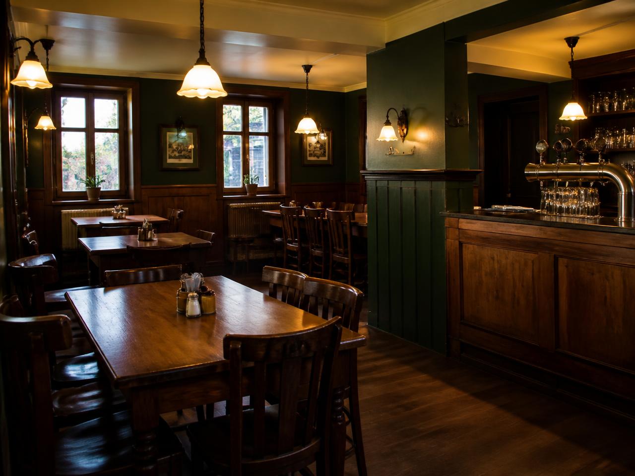 Interiér tradiční restaurace s dřevěnými stoly a výčepem